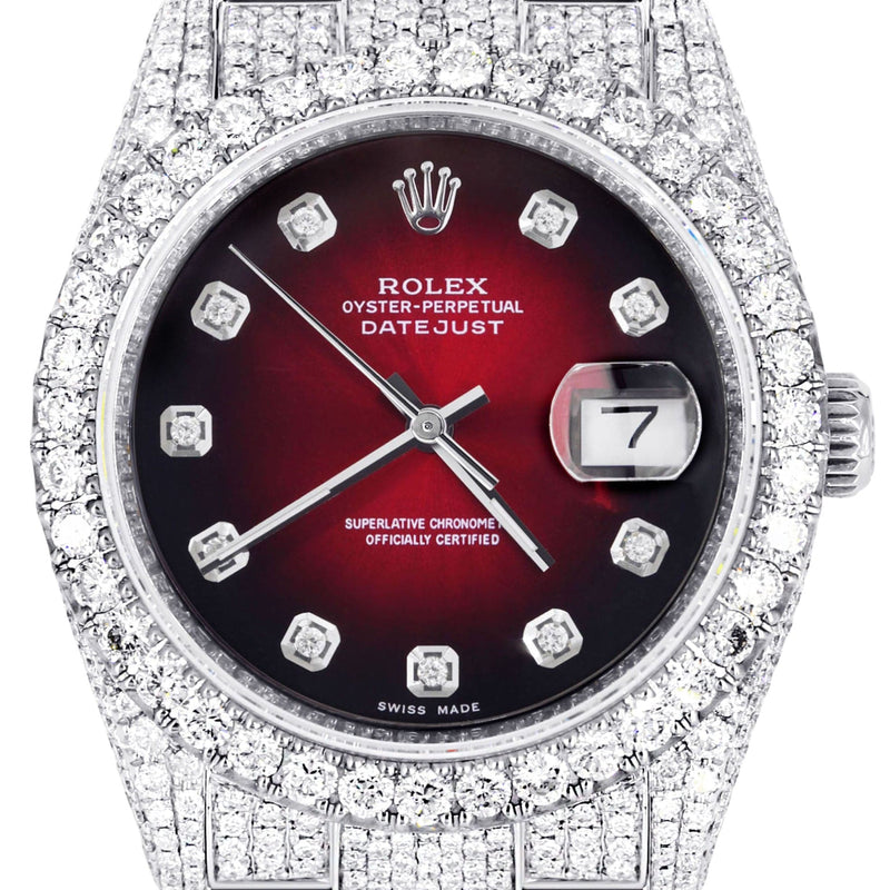 Iced Out Rolex Datejust 36 MM | Stainless Steel | 16.5 Carats of Diamonds | Red Black Diamond Dial | Oyster Band | Model 116200