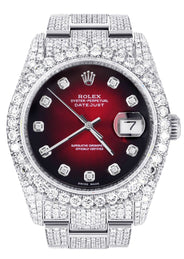 Iced Out Rolex Datejust 36 MM | Stainless Steel | 16.5 Carats of Diamonds | Red Black Diamond Dial | Oyster Band | Model 116200