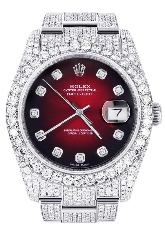 Iced Out Rolex Datejust 36 MM | Stainless Steel | 16.5 Carats of Diamonds | Red Black Diamond Dial | Oyster Band | Model 116200