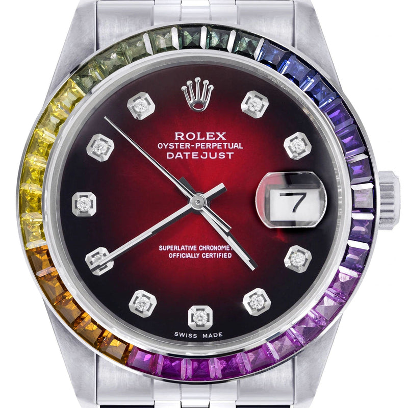 Diamond Gold Rolex Watch For Men 16200 | 36Mm | Rainbow Sapphire Bezel | Red Black Dial | Jubilee Band