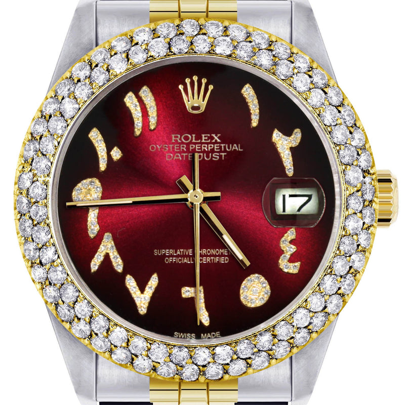 Diamond Gold Rolex Watch For Men 16233 | 36Mm | Red Black Arabic Diamond Dial | Two Row 4.25 Carat Bezel | Jubilee Band