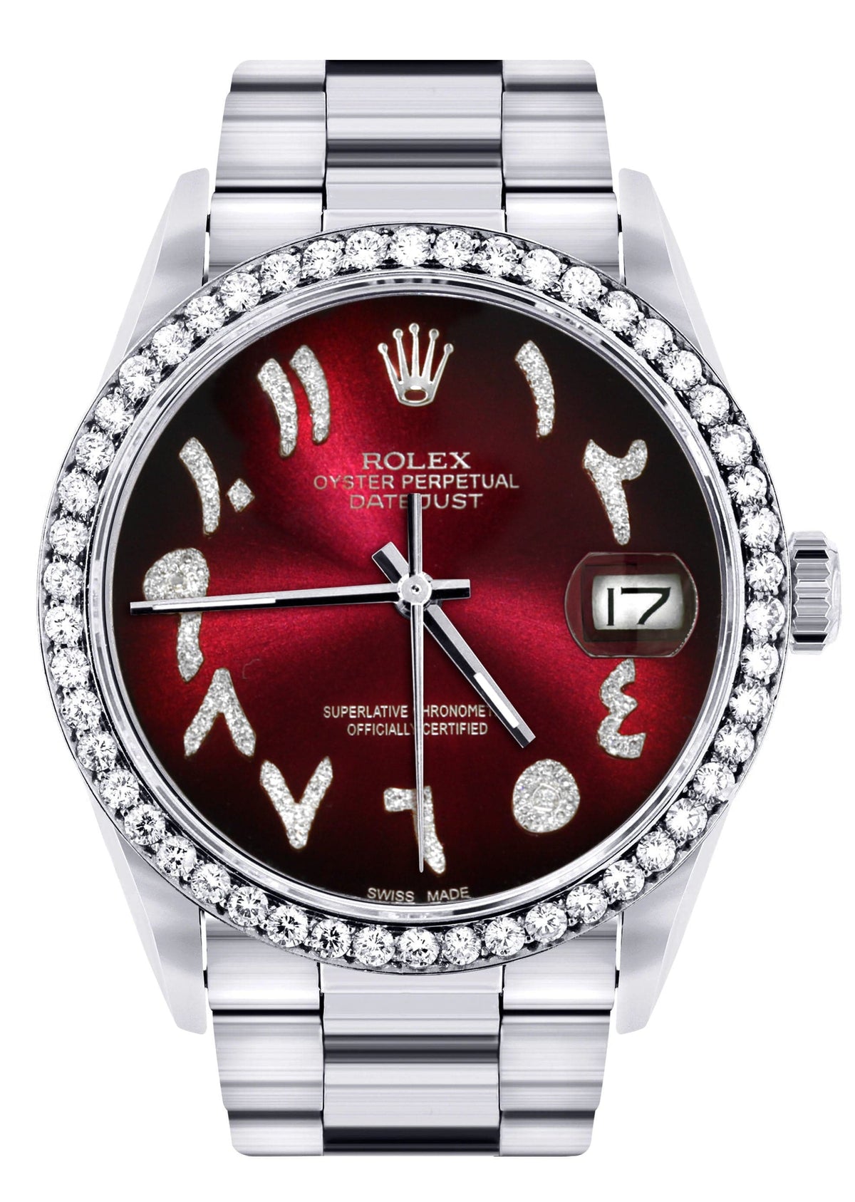 Diamond Mens Rolex Datejust Watch 16200 | 36Mm | Red Black Arabic Diamond Dial | Oyster Band