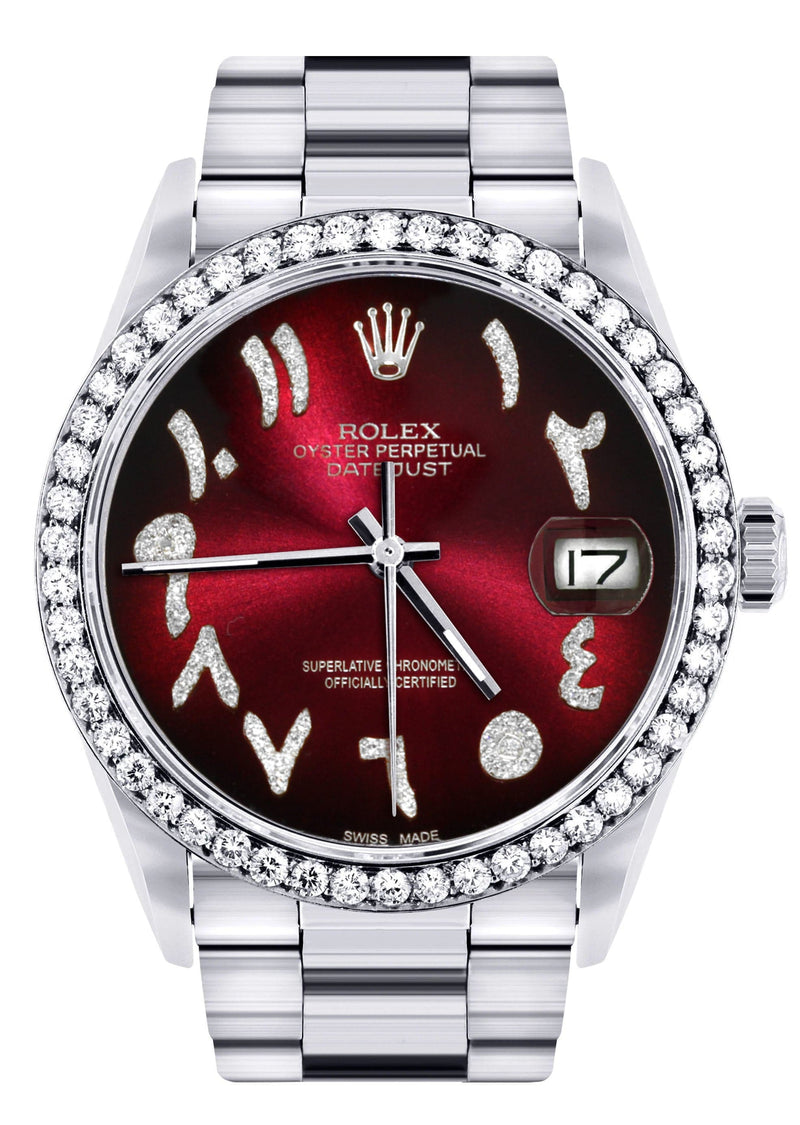Diamond Mens Rolex Datejust Watch 16200 | 36Mm | Red Black Arabic Diamond Dial | Oyster Band