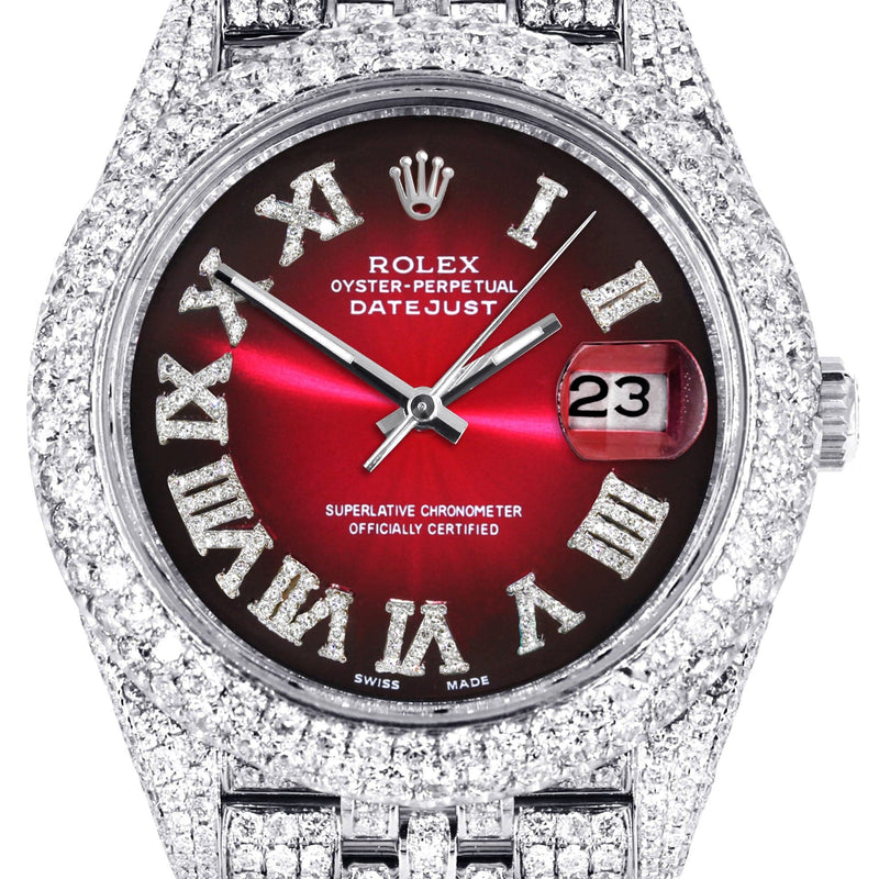 Diamond Iced Out Rolex Datejust 41 | 25 Carats Of Diamonds | Custom Red Black Roman Numeral Dial | Two Row | Jubilee Band