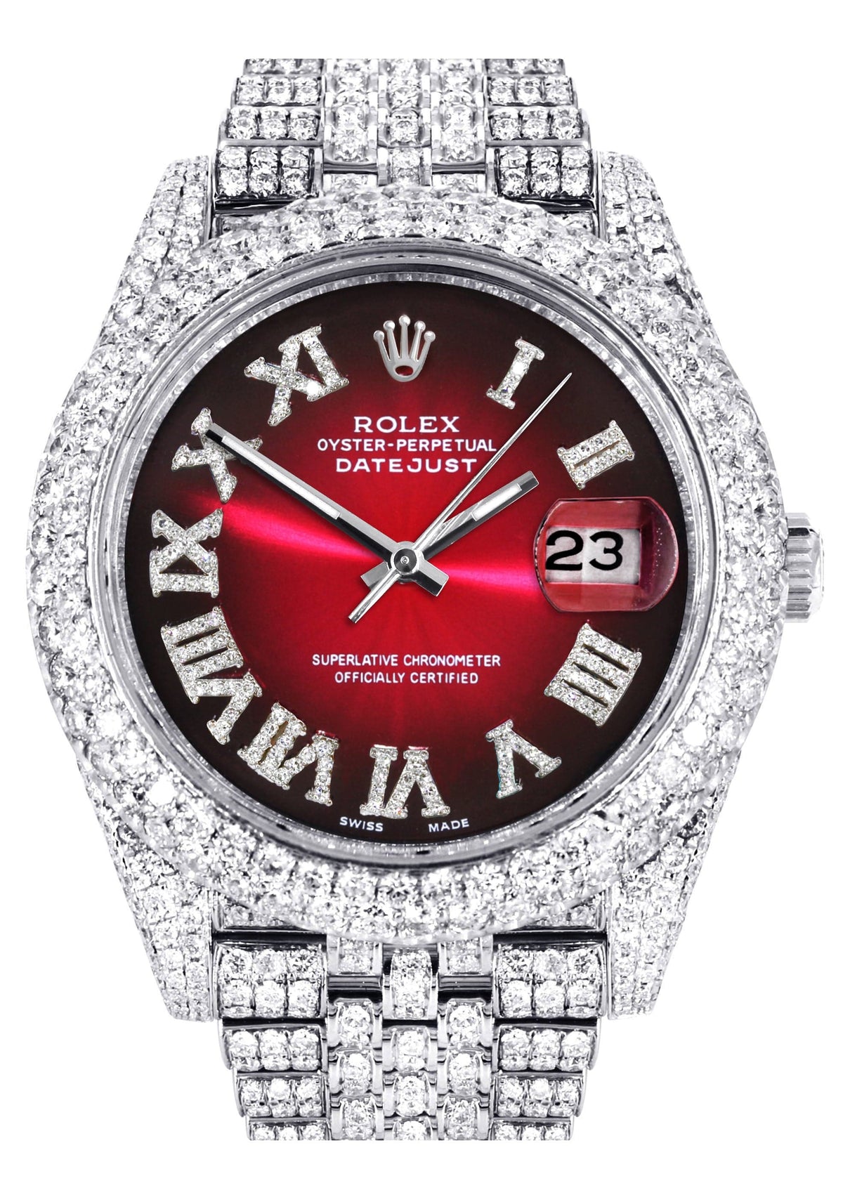 Diamond Iced Out Rolex Datejust 41 | 25 Carats Of Diamonds | Custom Red Black Roman Numeral Dial | Two Row | Jubilee Band