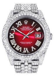Diamond Iced Out Rolex Datejust 41 | 25 Carats Of Diamonds | Custom Red Black Roman Numeral Dial | Two Row | Jubilee Band