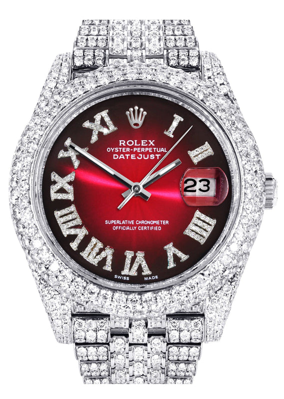 Diamond Iced Out Rolex Datejust 41 | 25 Carats Of Diamonds | Custom Red Black Roman Numeral Dial | Two Row | Jubilee Band