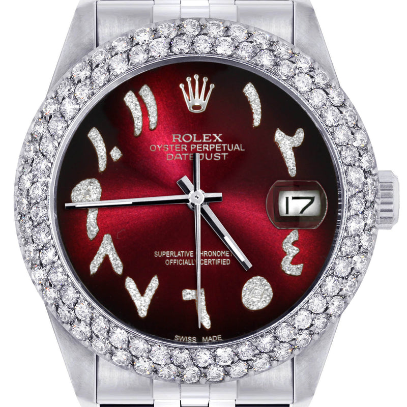 Womens Rolex Datejust Watch 16200 | 36Mm | Red Black Arabic Diamond Dial | Two Row 4.25 Carat Bezel | Jubilee Band