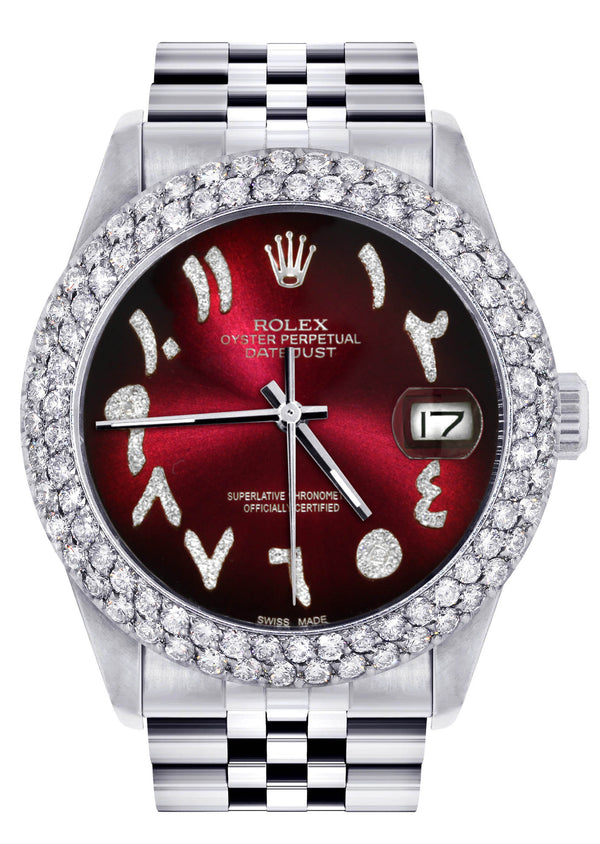 Womens Rolex Datejust Watch 16200 | 36Mm | Red Black Arabic Diamond Dial | Two Row 4.25 Carat Bezel | Jubilee Band