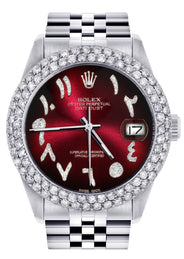 Mens Rolex Datejust Watch 16200 | 36Mm | Red Black Arabic Diamond Dial | Two Row 4.25 Carat Bezel | Jubilee Band