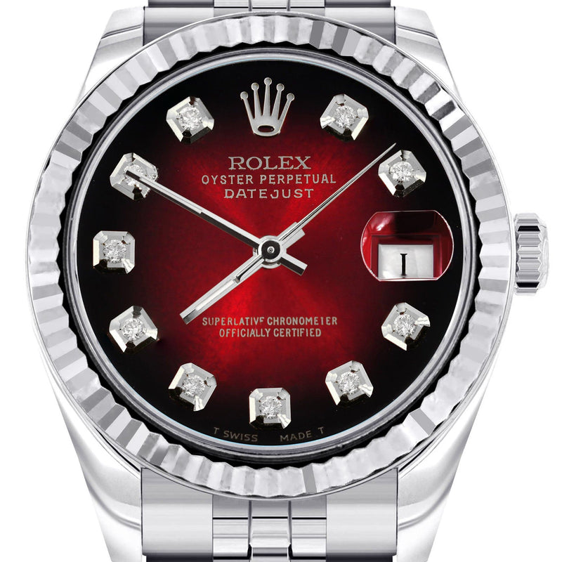Diamond Rolex Watch | 68274 | Fluted Bezel | 31MM | Red Black Diamond Dial | Jubilee Band