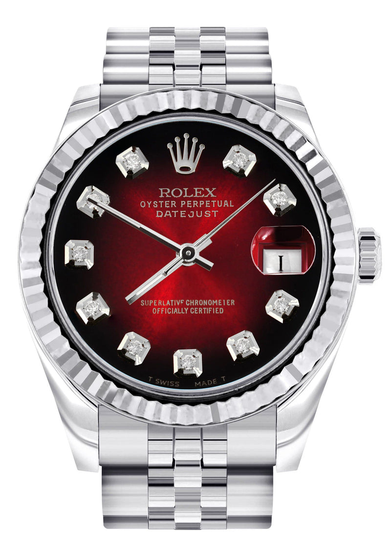Diamond Rolex Watch | 68274 | Fluted Bezel | 31MM | Red Black Diamond Dial | Jubilee Band