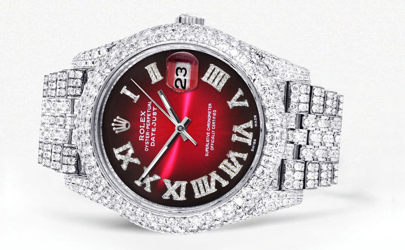 Diamond Iced Out Rolex Datejust 41 | 25 Carats Of Diamonds | Custom Red Black Roman Numeral Dial | Two Row | Jubilee Band
