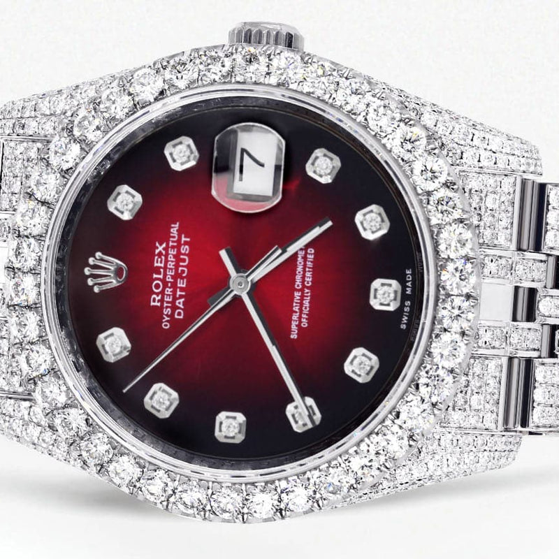 Iced Out Rolex Datejust 36 MM | Stainless Steel | 16.5 Carats of Diamonds | Red Black Diamond Dial | Jubilee Band | Model 116200