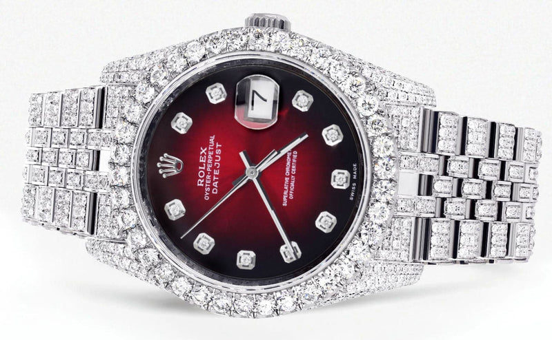 Iced Out Rolex Datejust 36 MM | Stainless Steel | 16.5 Carats of Diamonds | Red Black Diamond Dial | Jubilee Band | Model 116200
