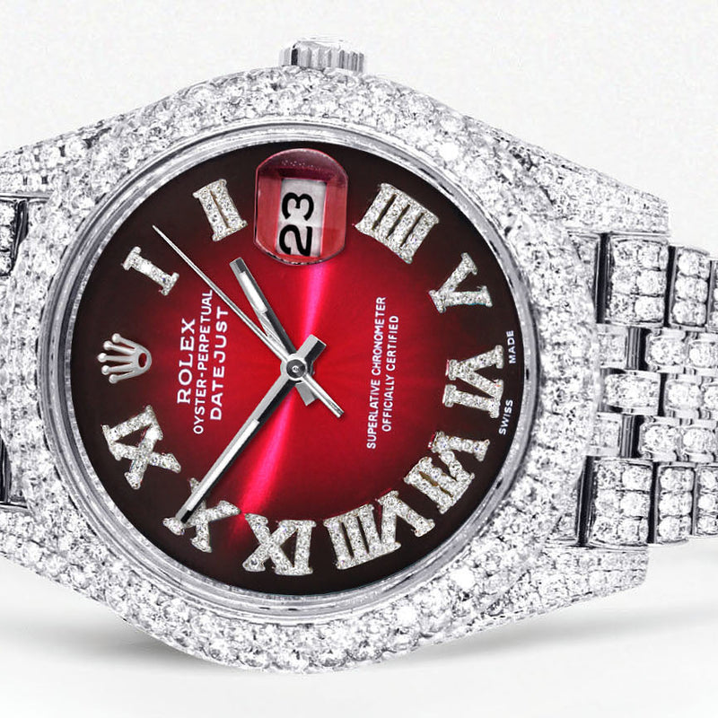 Womens Diamond Iced Out Rolex Datejust 41 | 25 Carats Of Diamonds | Custom Red Black Roman Numeral Dial | Two Row | Jubilee Band