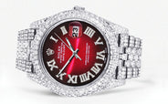Womens Diamond Iced Out Rolex Datejust 41 | 25 Carats Of Diamonds | Custom Red Black Roman Numeral Dial | Two Row | Jubilee Band