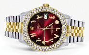 Diamond Gold Rolex Watch For Women 16233 | 36Mm | Red Black Arabic Diamond Dial | Two Row 4.25 Carat Bezel | Jubilee Band