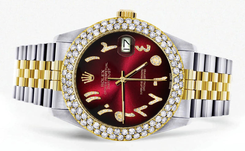Diamond Gold Rolex Watch For Women 16233 | 36Mm | Red Black Arabic Diamond Dial | Two Row 4.25 Carat Bezel | Jubilee Band