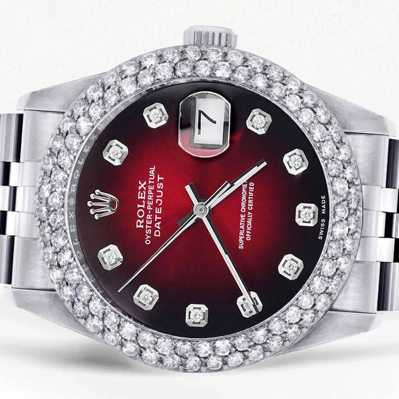 Mens Rolex Datejust Watch 16200 | 36Mm | Red Black Dial | Two Row 4.25 Carat Bezel | Jubilee Band