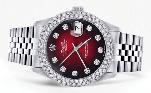 Mens Rolex Datejust Watch 16200 | 36Mm | Red Black Dial | Two Row 4.25 Carat Bezel | Jubilee Band