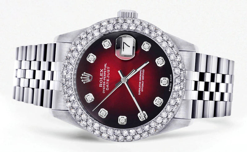 Mens Rolex Datejust Watch 16200 | 36Mm | Red Black Dial | Two Row 4.25 Carat Bezel | Jubilee Band