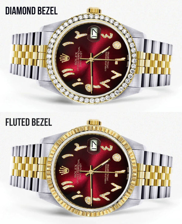 Gold & Steel Rolex Datejust Watch 16233 for Men  | 36Mm | Red Black Arabic Diamond Dial | Jubilee Band