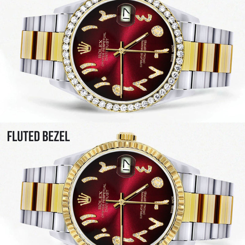 Gold & Steel Rolex Datejust Watch 16233 for Men | 36Mm | Red Black Arabic Diamond Dial | Oyster Band