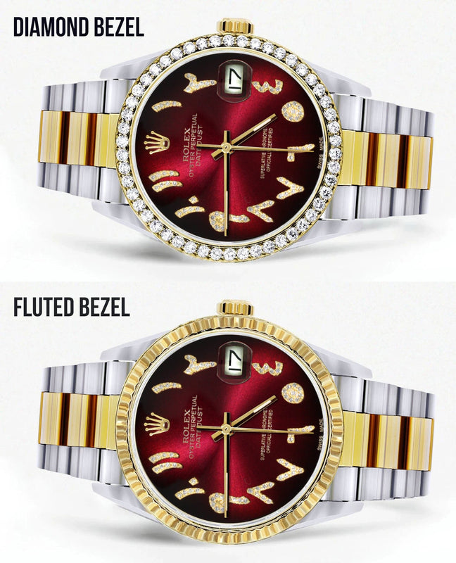 Gold & Steel Rolex Datejust Watch 16233 for Men | 36Mm | Red Black Arabic Diamond Dial | Oyster Band