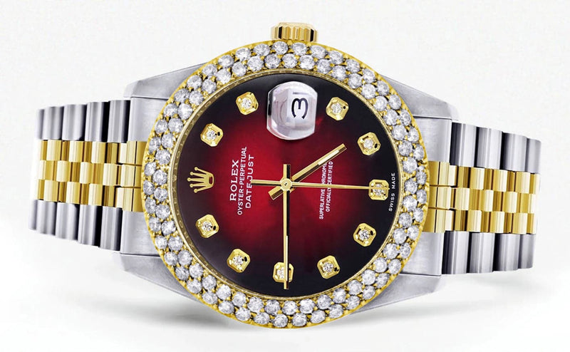 Diamond Gold Rolex Watch For Men 16233 | 36Mm | Custom Red Black Dial | Two Row 4.25 Carat Bezel | Jubilee Band