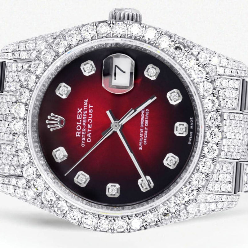 Iced Out Rolex Datejust 36 MM | Stainless Steel | 16.5 Carats of Diamonds | Red Black Diamond Dial | Oyster Band | Model 116200