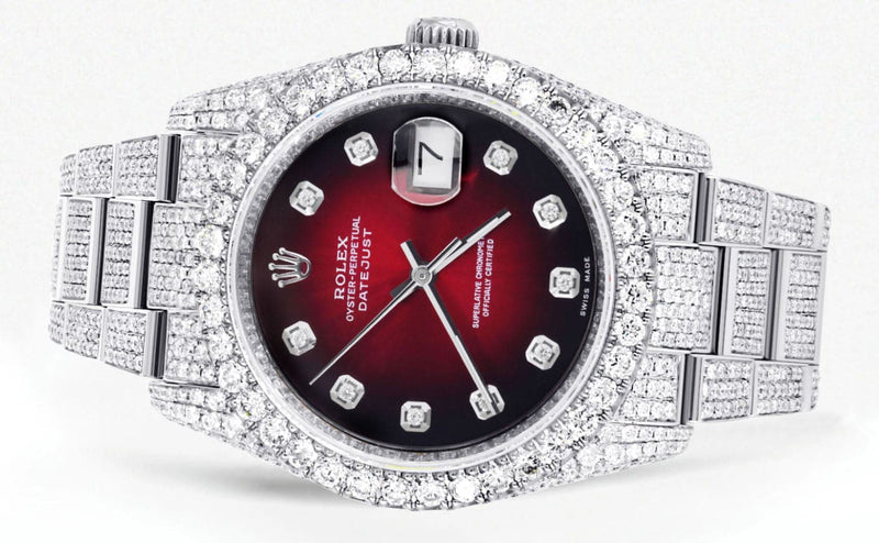 Iced Out Rolex Datejust 36 MM | Stainless Steel | 16.5 Carats of Diamonds | Red Black Diamond Dial | Oyster Band | Model 116200