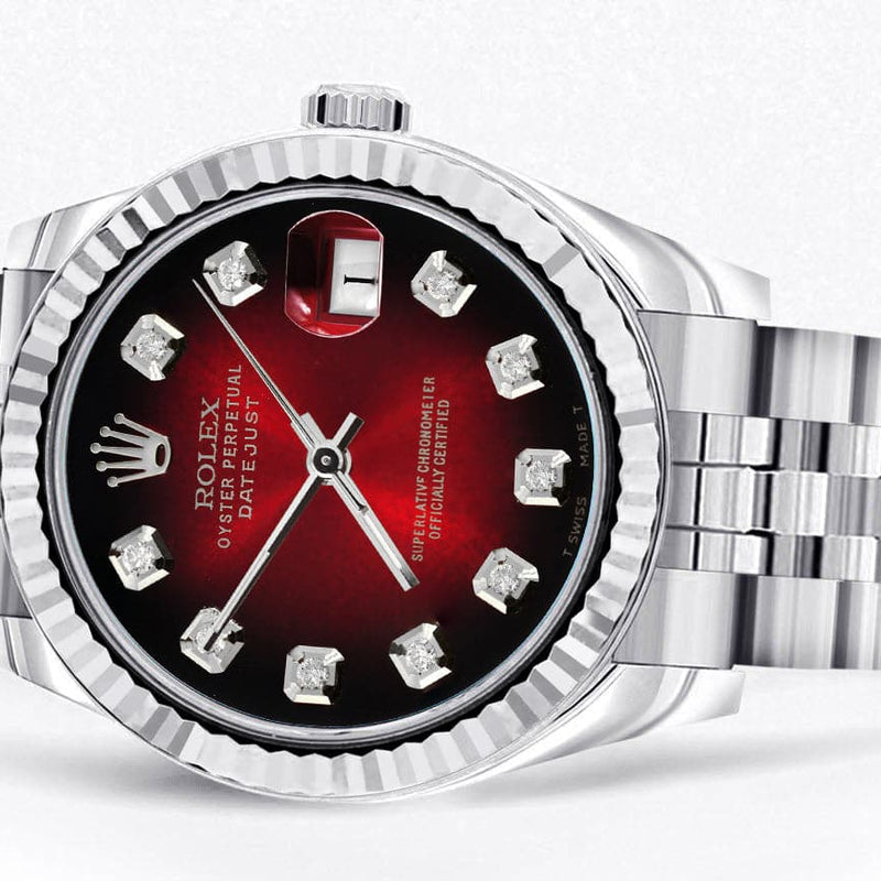 Diamond Rolex Watch | 68274 | Fluted Bezel | 31MM | Red Black Diamond Dial | Jubilee Band