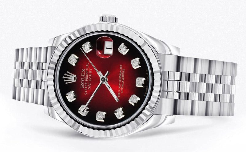 Diamond Rolex Watch | 68274 | Fluted Bezel | 31MM | Red Black Diamond Dial | Jubilee Band