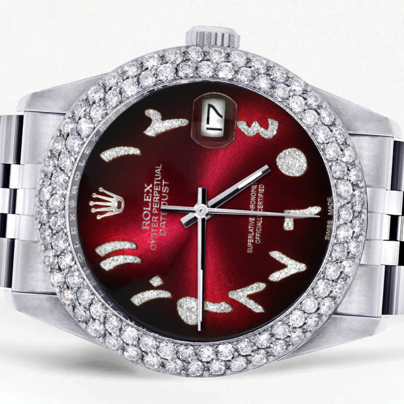 Womens Rolex Datejust Watch 16200 | 36Mm | Red Black Arabic Diamond Dial | Two Row 4.25 Carat Bezel | Jubilee Band