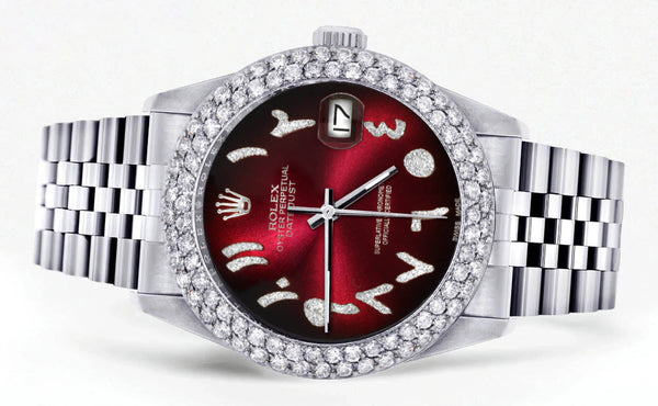 Womens Rolex Datejust Watch 16200 | 36Mm | Red Black Arabic Diamond Dial | Two Row 4.25 Carat Bezel | Jubilee Band