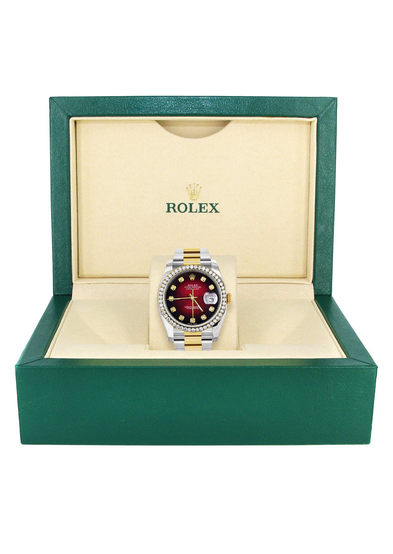116233 | Diamond Gold Rolex Watch For Men | 36Mm | Red Black Dial | Oyster Band