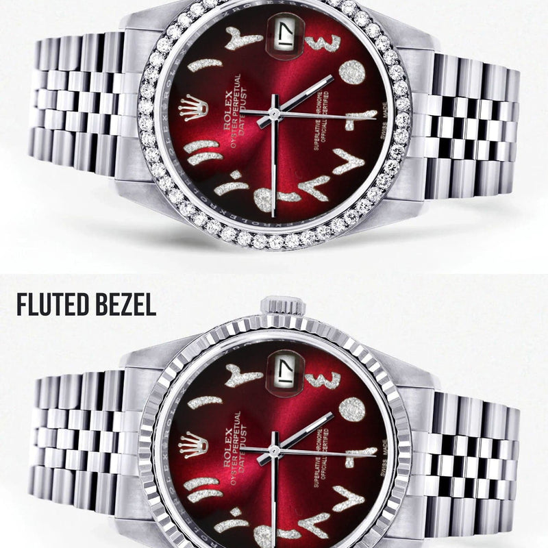 Diamond Mens Rolex Datejust Watch 16200 | 36Mm | Red Black Arabic Diamond Dial | Jubilee Band