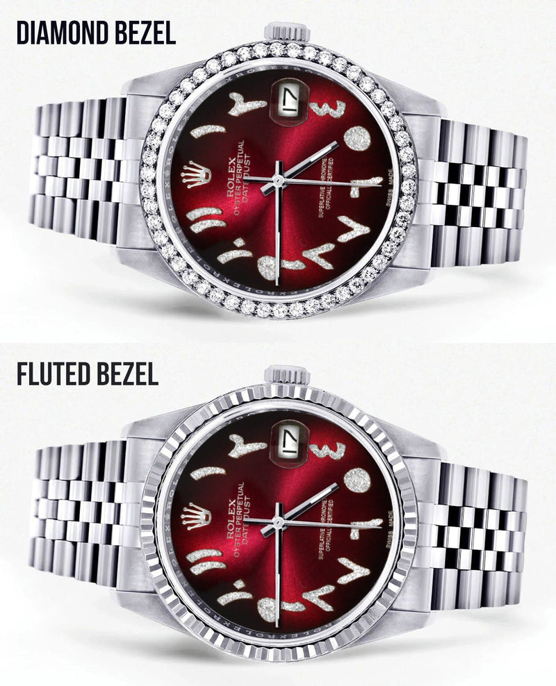 Diamond Mens Rolex Datejust Watch 16200 | 36Mm | Red Black Arabic Diamond Dial | Jubilee Band