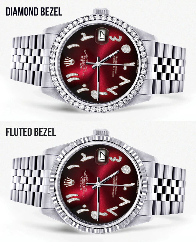 Diamond Mens Rolex Datejust Watch 16200 | 36Mm | Red Black Arabic Diamond Dial | Jubilee Band