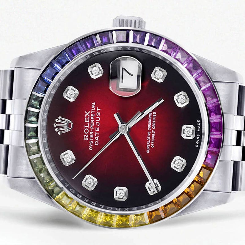 Diamond Gold Rolex Watch For Men 16200 | 36Mm | Rainbow Sapphire Bezel | Red Black Dial | Jubilee Band