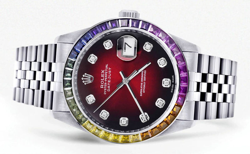 Diamond Gold Rolex Watch For Men 16200 | 36Mm | Rainbow Sapphire Bezel | Red Black Dial | Jubilee Band