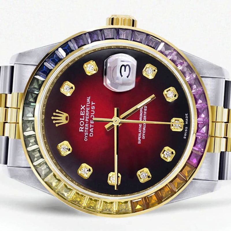 Diamond Gold Rolex Watch For Men 16233 | 36Mm | Rainbow Sapphire Bezel | Red Black Dial | Jubilee Band