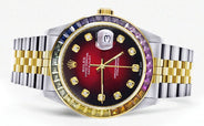 Diamond Gold Rolex Watch For Men 16233 | 36Mm | Rainbow Sapphire Bezel | Red Black Dial | Jubilee Band