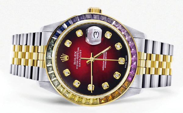 Diamond Gold Rolex Watch For Men 16233 | 36Mm | Rainbow Sapphire Bezel | Red Black Dial | Jubilee Band