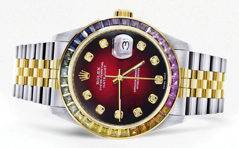 Diamond Gold Rolex Watch For Men 16233 | 36Mm | Rainbow Sapphire Bezel | Red Black Dial | Jubilee Band