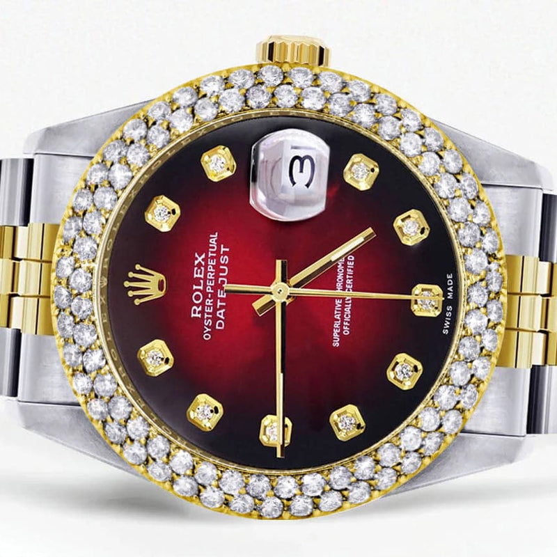 Diamond Gold Rolex Watch For Women 16233 | 36Mm | Custom Red Black Dial | Two Row 4.25 Carat Bezel | Jubilee Band