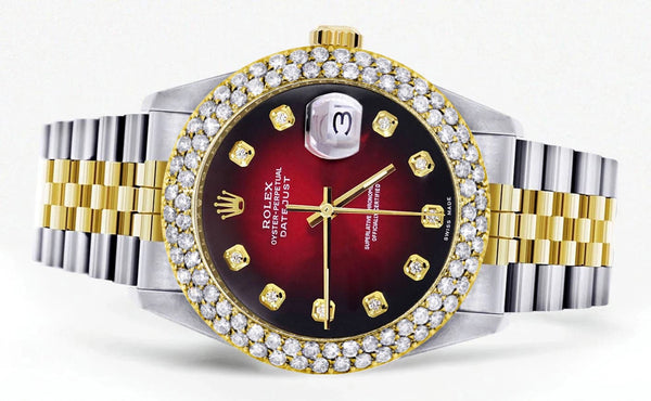 Diamond Gold Rolex Watch For Women 16233 | 36Mm | Custom Red Black Dial | Two Row 4.25 Carat Bezel | Jubilee Band