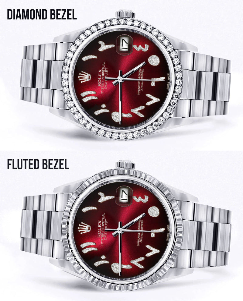 Diamond Mens Rolex Datejust Watch 16200 | 36Mm | Red Black Arabic Diamond Dial | Oyster Band