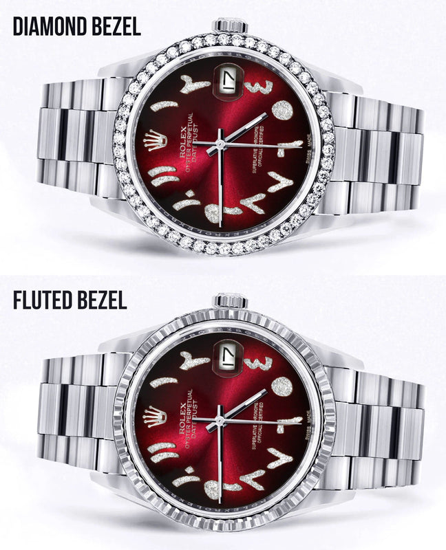 Diamond Mens Rolex Datejust Watch 16200 | 36Mm | Red Black Arabic Diamond Dial | Oyster Band